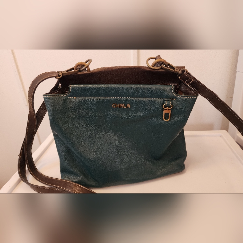 Chala Teal Crossbody with Brown Strap and Gold Hardware